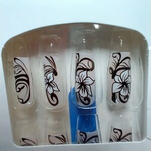 Press on nails black white flower floral set